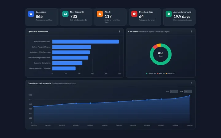 An operations dashboard: open cases, new this month, at risk, overdue and turnaround tiles above a bar chart of open cases by workflow, a case health donut and a monthly line chart.