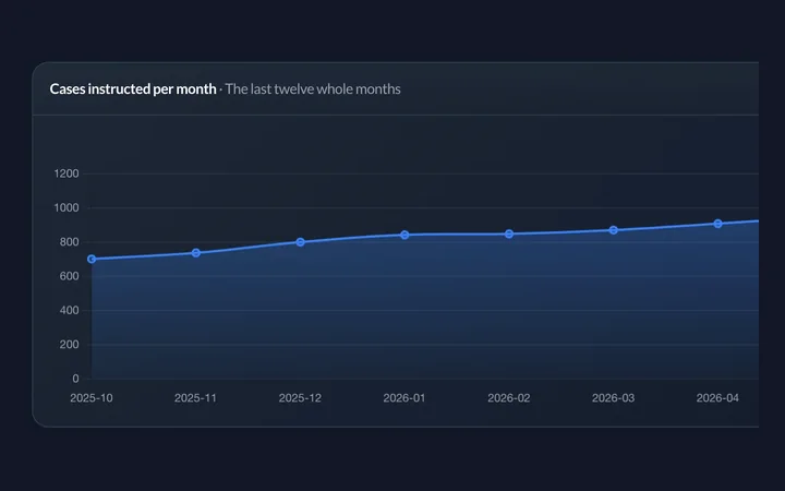 A line chart of cases instructed each month, climbing steadily over the year.