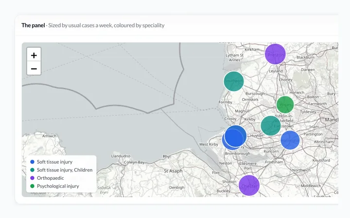 A map of the North West with a medico-legal firm's medical experts as bubbles, sized by their usual cases a week and coloured by speciality.