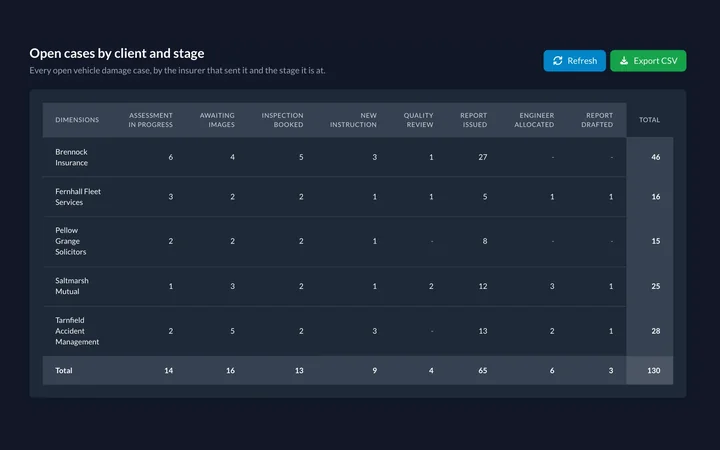 A saved pivot table of open cases by client and stage.