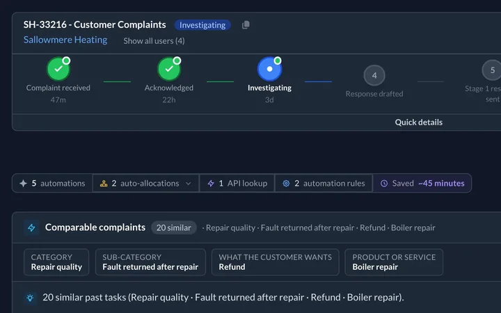 Customer complaint case showing its stages, comparable complaints and the complaint and customer forms.