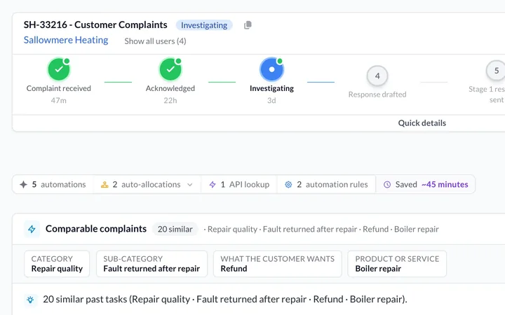 Customer complaint case showing its stages, comparable complaints and the complaint and customer forms.