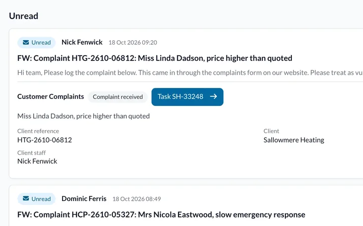 Inbox of customer complaints forwarded by the company's divisions, each linked to a new complaint case.