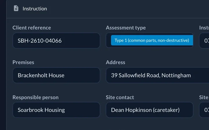 Fire risk assessment case showing its stages, the comparable premises check and the instruction and premises forms.