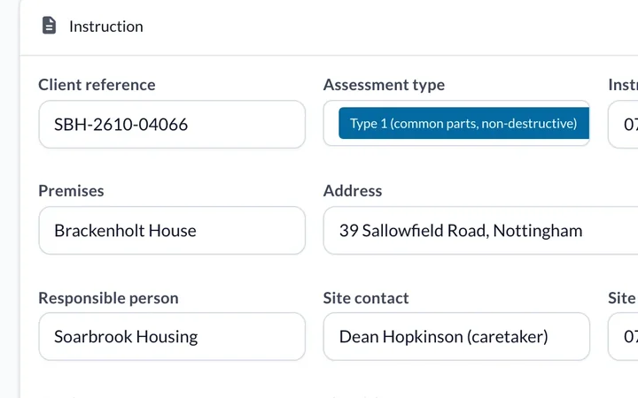 Fire risk assessment case showing its stages, the comparable premises check and the instruction and premises forms.