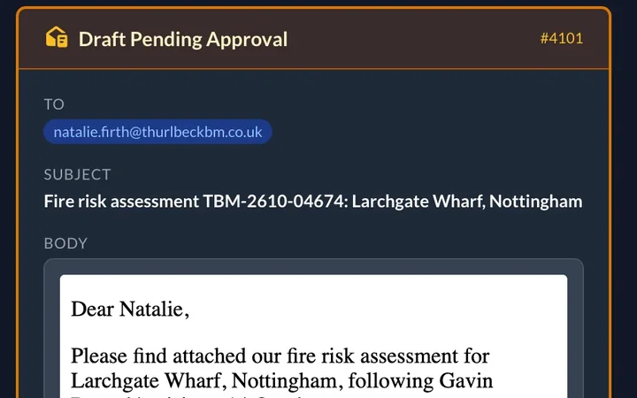 A covering email to a managing agent about a finished fire risk assessment, ready to approve.
