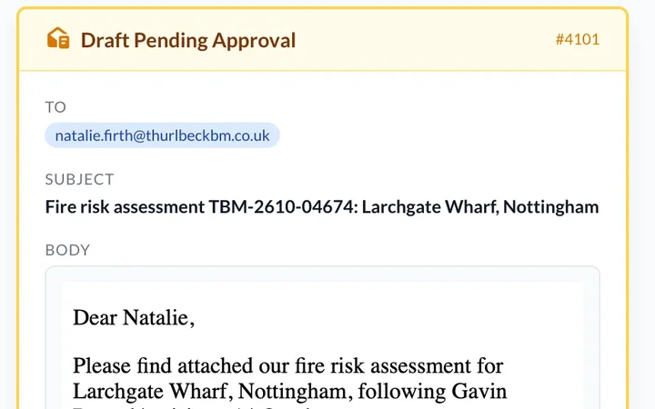 A covering email to a managing agent about a finished fire risk assessment, ready to approve.