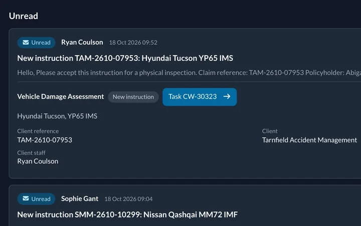 Instruction emails arriving, each one already opened as a case with its task number.