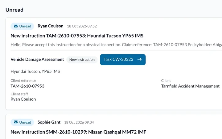 Instruction emails arriving, each one already opened as a case with its task number.