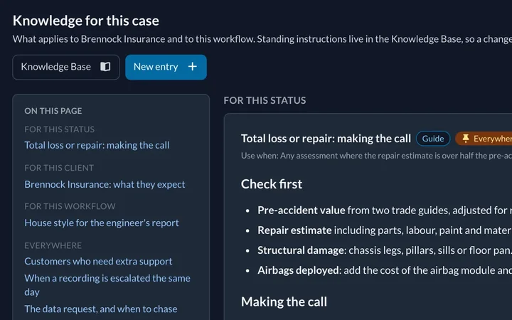Knowledge page for a case listing the firm's practice notes for this status, this client and this workflow.