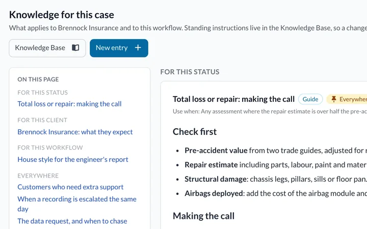 Knowledge page for a case listing the firm's practice notes for this status, this client and this workflow.
