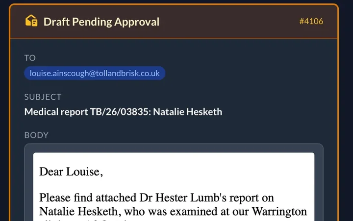 A medical report's covering email to the solicitor, drafted and waiting for approval.