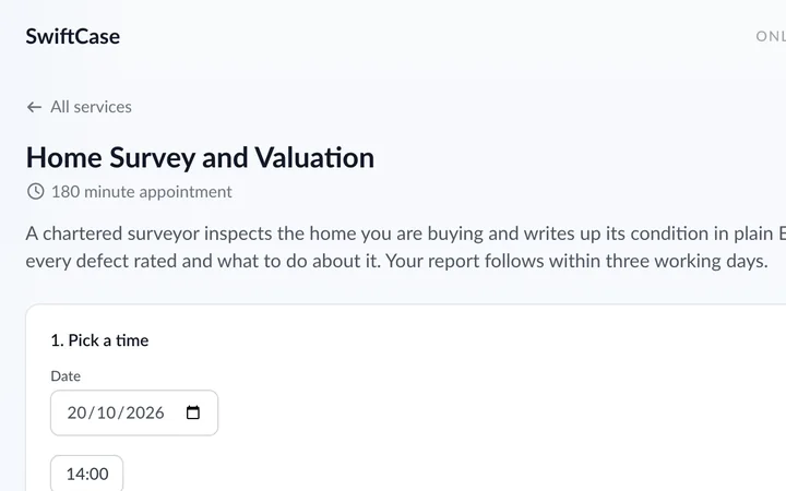 Online booking page for a home survey and valuation, with the price, a description and a date and time picker.
