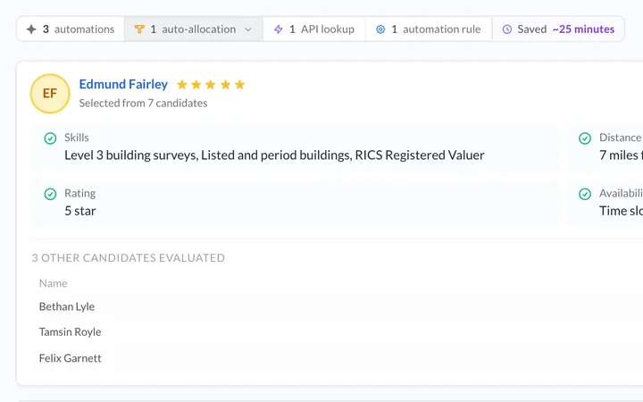 Allocation explanation showing the surveyor chosen for a listed building, with skills, distance and other candidates.