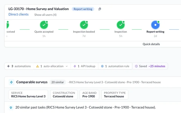Home survey case showing its stages, the comparable surveys check and the instruction and property forms.