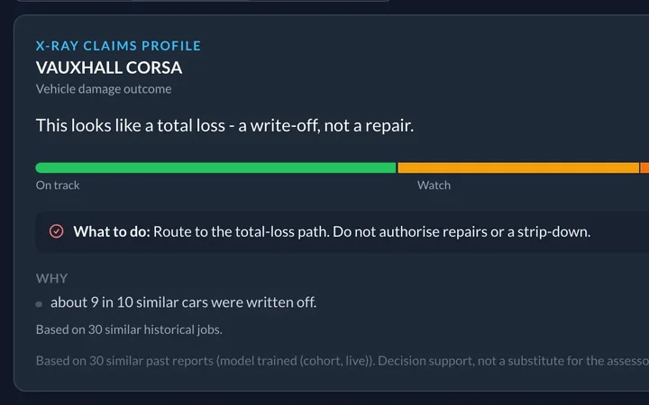 The X-Ray verdict on a Vauxhall Corsa: a total loss, so route it to the total-loss path, because about nine in ten similar cars were written off.