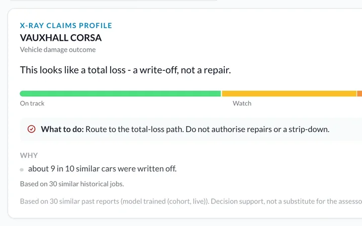 The X-Ray verdict on a Vauxhall Corsa: a total loss, so route it to the total-loss path, because about nine in ten similar cars were written off.